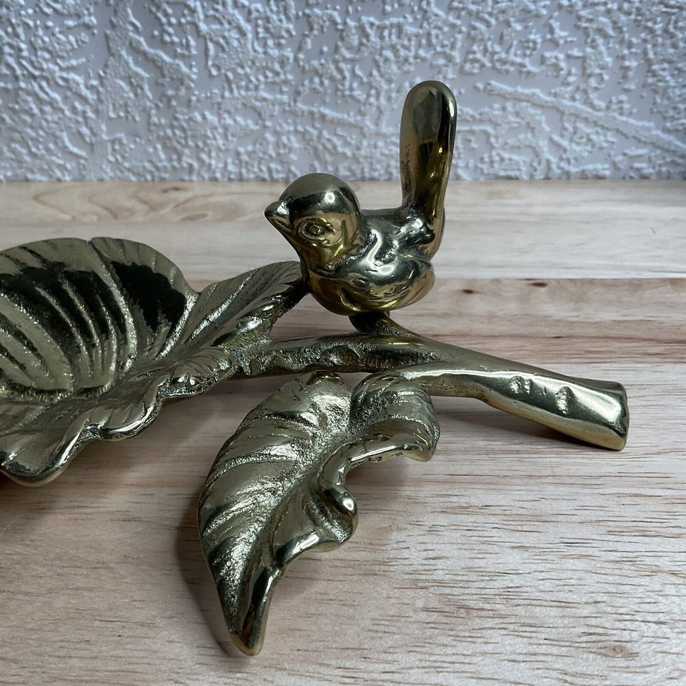 Vintage Gold  Brass Trinket Dish Jewelry Holder Leaf Small Bird Water Bowl - Picture 9 of 15